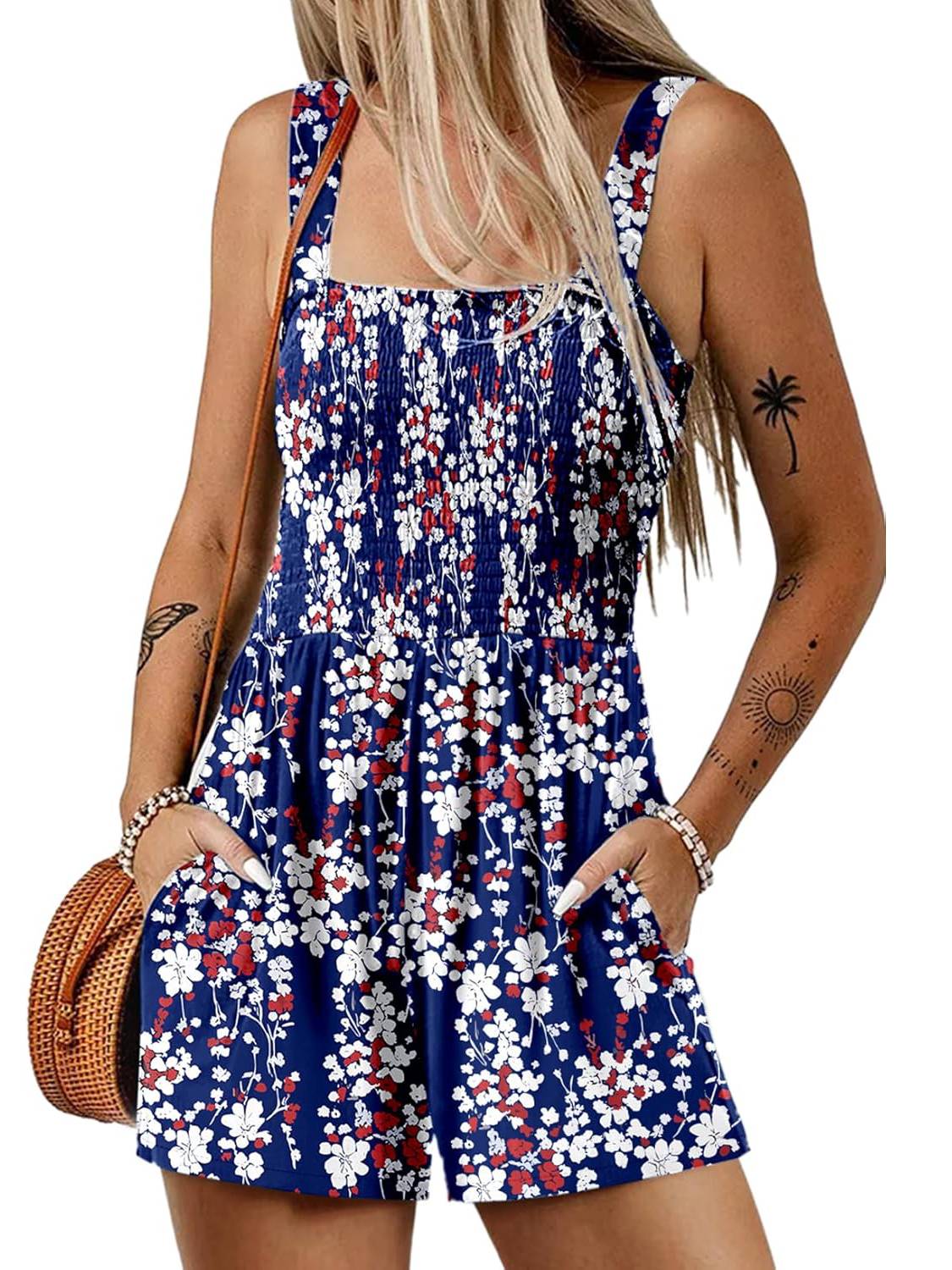 🌺Summer Hot Sale 50% OFF💐Women's Summer Square Neck Sleeveless Loose Casual Short Smocked Romper✨