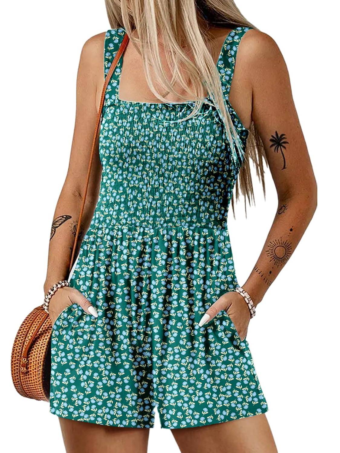 🌺Summer Hot Sale 50% OFF💐Women's Summer Square Neck Sleeveless Loose Casual Short Smocked Romper✨