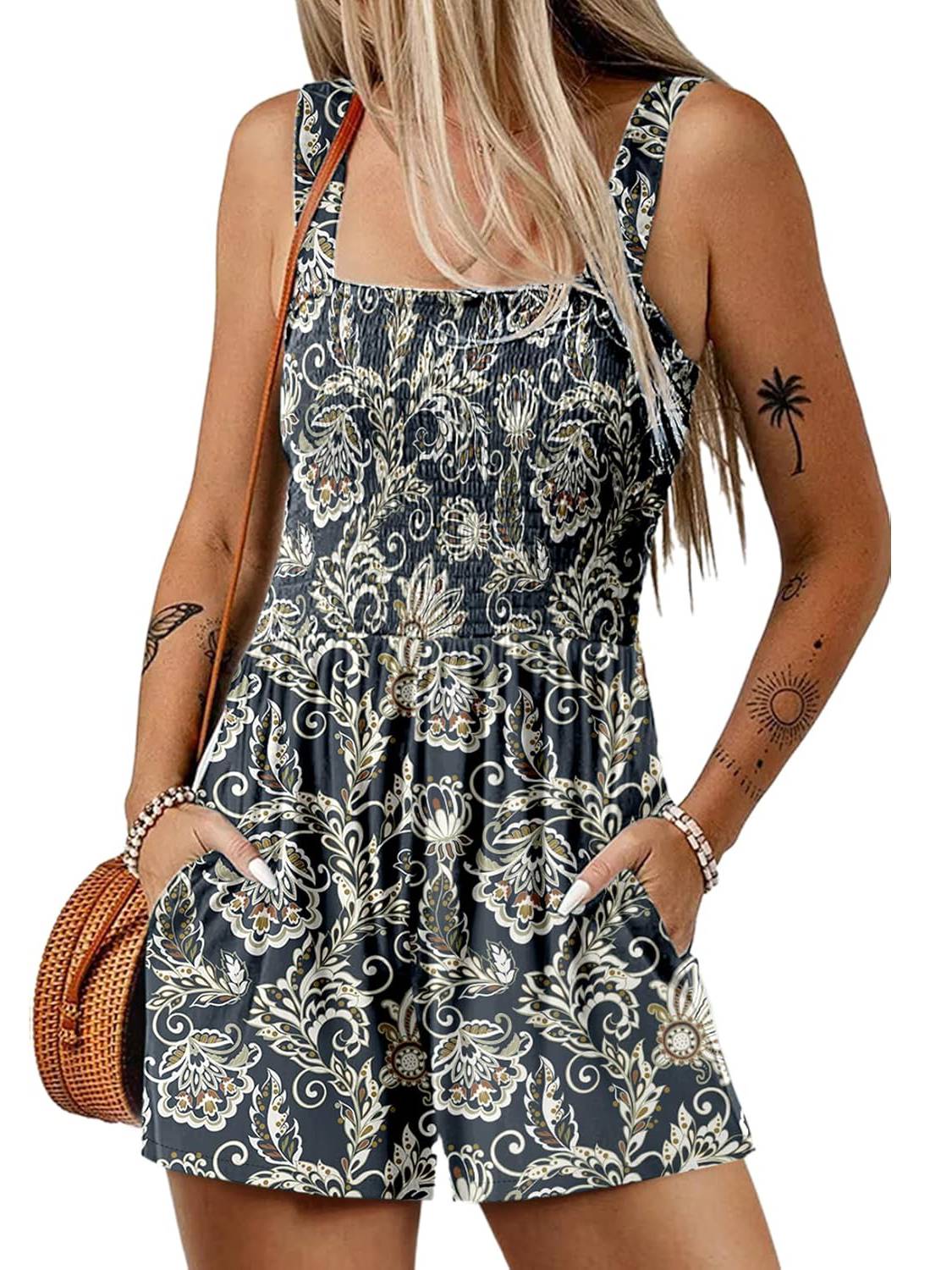 🌺Summer Hot Sale 50% OFF💐Women's Summer Square Neck Sleeveless Loose Casual Short Smocked Romper✨