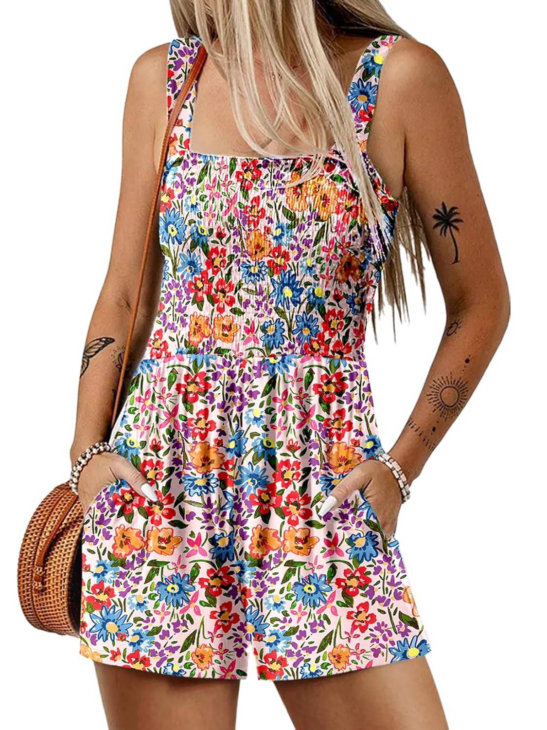 🌺Summer Hot Sale 50% OFF💐Women's Summer Square Neck Sleeveless Loose Casual Short Smocked Romper✨