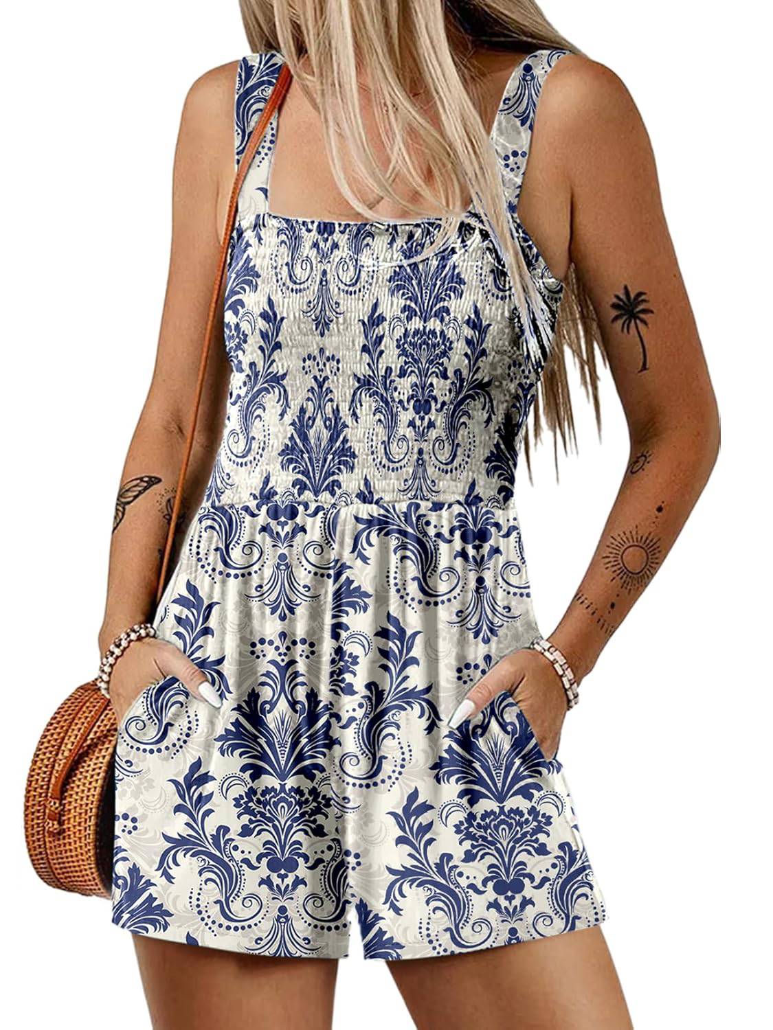 🌺Summer Hot Sale 50% OFF💐Women's Summer Square Neck Sleeveless Loose Casual Short Smocked Romper✨
