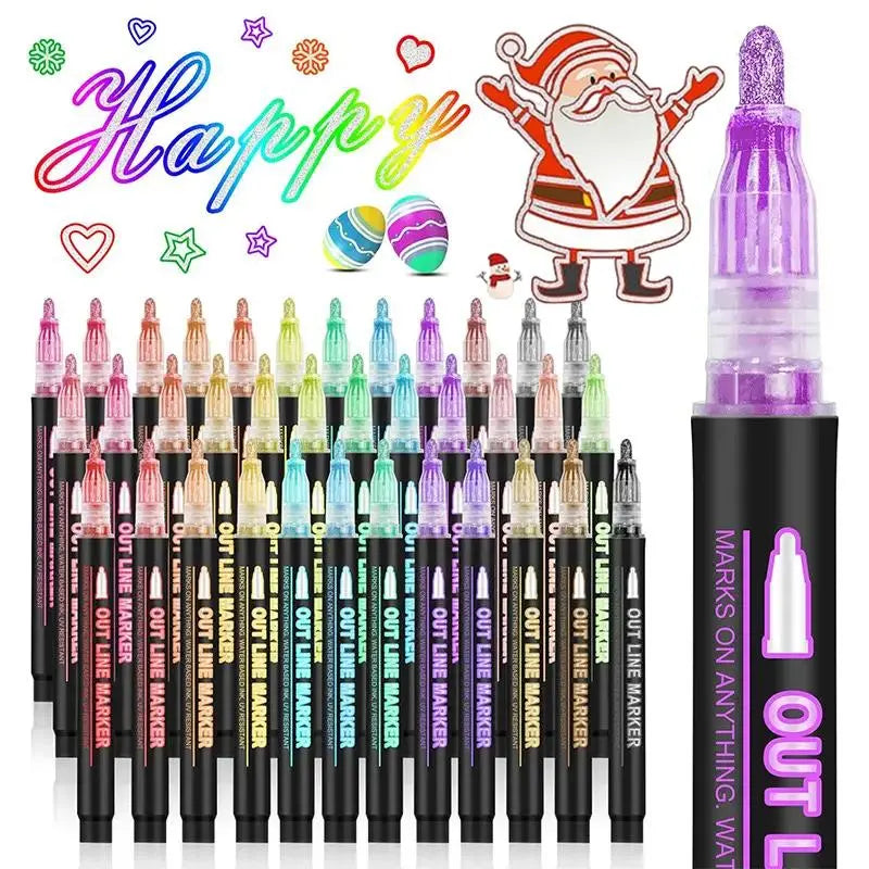 🎅Christmas Special Deals £7.95!!⚡50K+ SOLD!🎁Double Outline Glitter Coloring Pen Set