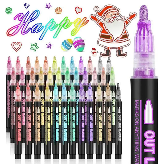 🎅Christmas Special Deals £7.95!!⚡50K+ SOLD!🎁Double Outline Glitter Coloring Pen Set