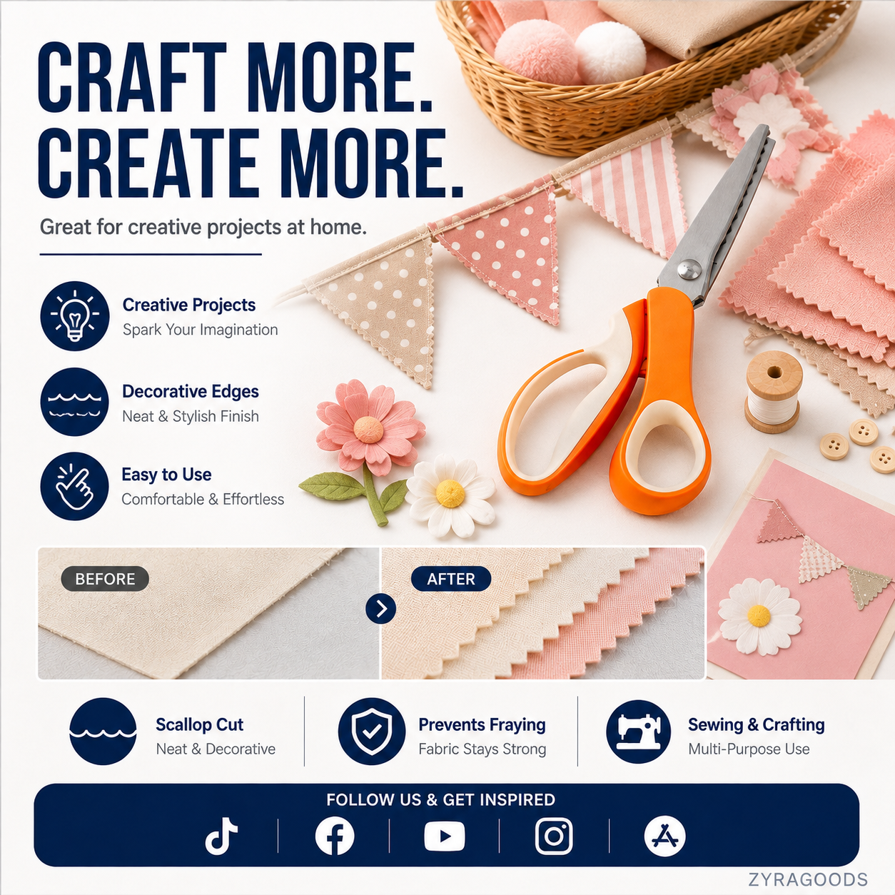 🥳2026 TOP PICK🥳 Pinking Shears Scissors – Stainless Steel, Ergonomic Cushioned Handles – Perfect for Sewing, Quilting & Scrapbooking! 🧵💨