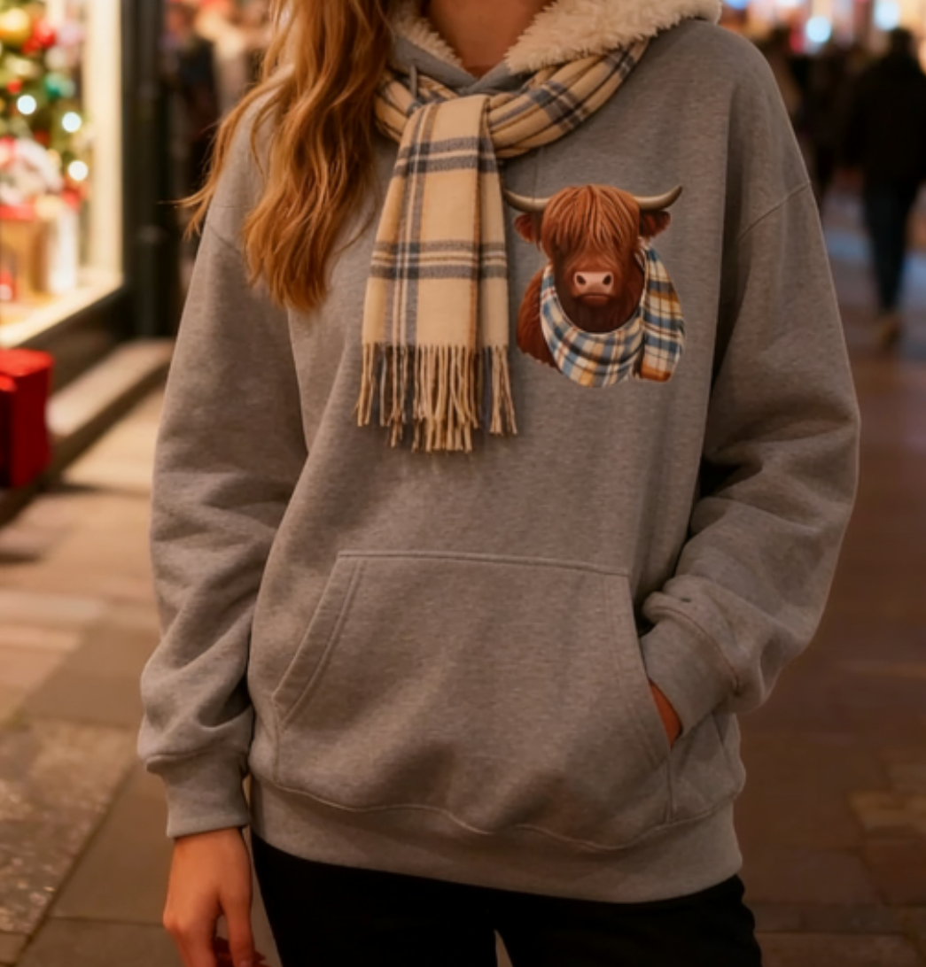 🎄HOT SALE 50% OFF!!🎁Cute Highland Cow Cozy Fleece-Lined Hooded Sweatshirt🦬