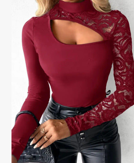 ✨2026 New Arrival 50%OFF✨Women's Asymmetrical Cutout Lace Sleeve Top – Slim Fit, Mock Neck & Romantic Keyhole Back Detail 👗🖤