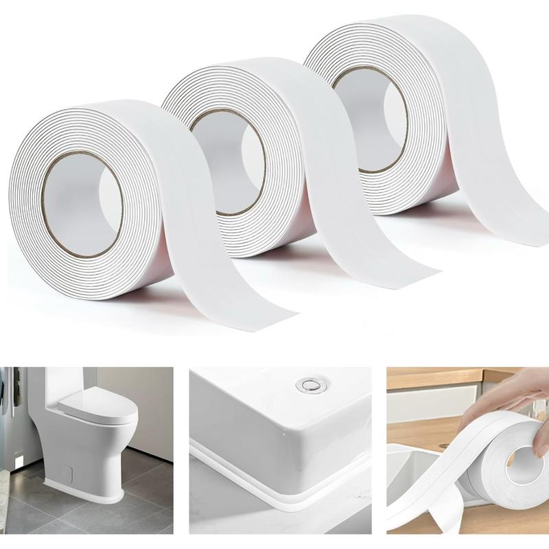 Bath Sealant Strip Self Adhesive 3 Rolls Caulk Tape White Waterproof Seal for Toilet Bathtub Shower Sink Wall Corner Kitchen with Sealing Tool 3.2m Length 38mm Width
