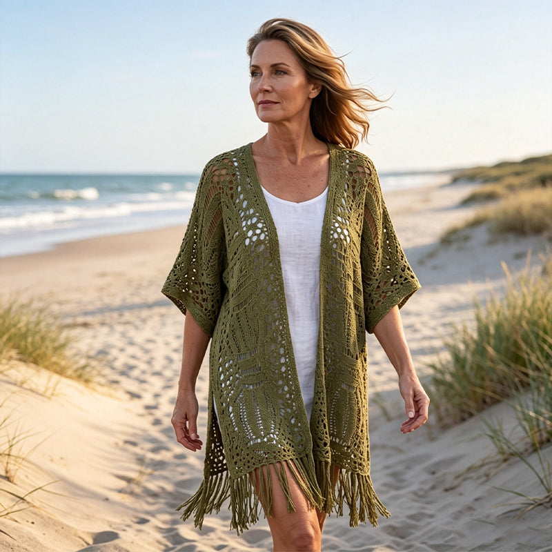 🔥This Week's Special Price:£15.99!!😍Women’s Oversized Knit Cardigan – Lightweight Crochet Tassel Kimono for Spring & Summer 🌸