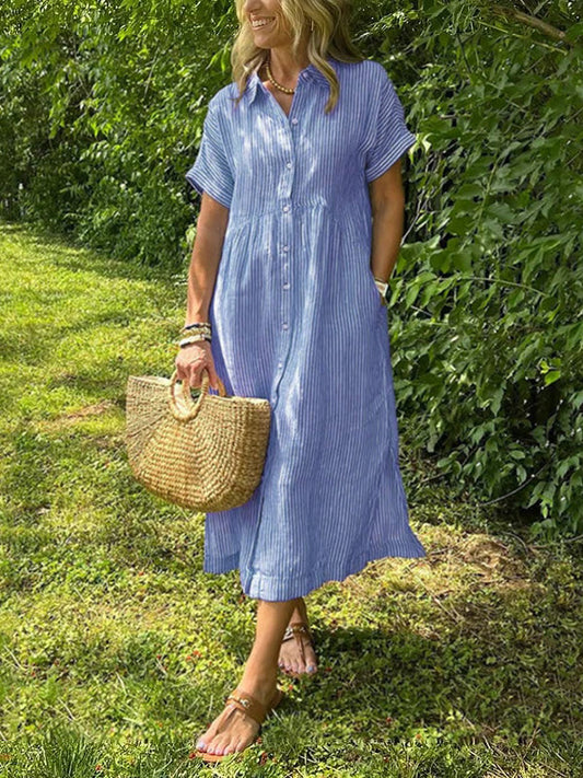 🌸Spring Sale-49% Off💃Striped Lapel Button Down Shirt Dress | With Functional Pockets