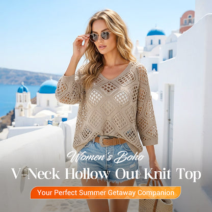 🥰Summer Sale-50% OFF💛Womens Bohemian-Inspired Beige Crochet Top With V-Neck
