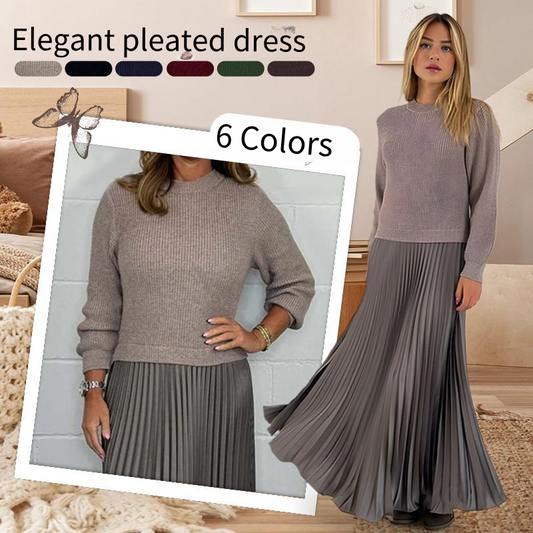 💕Women's solid color Long Sleeve Jumper & Pleated Bottom Dress