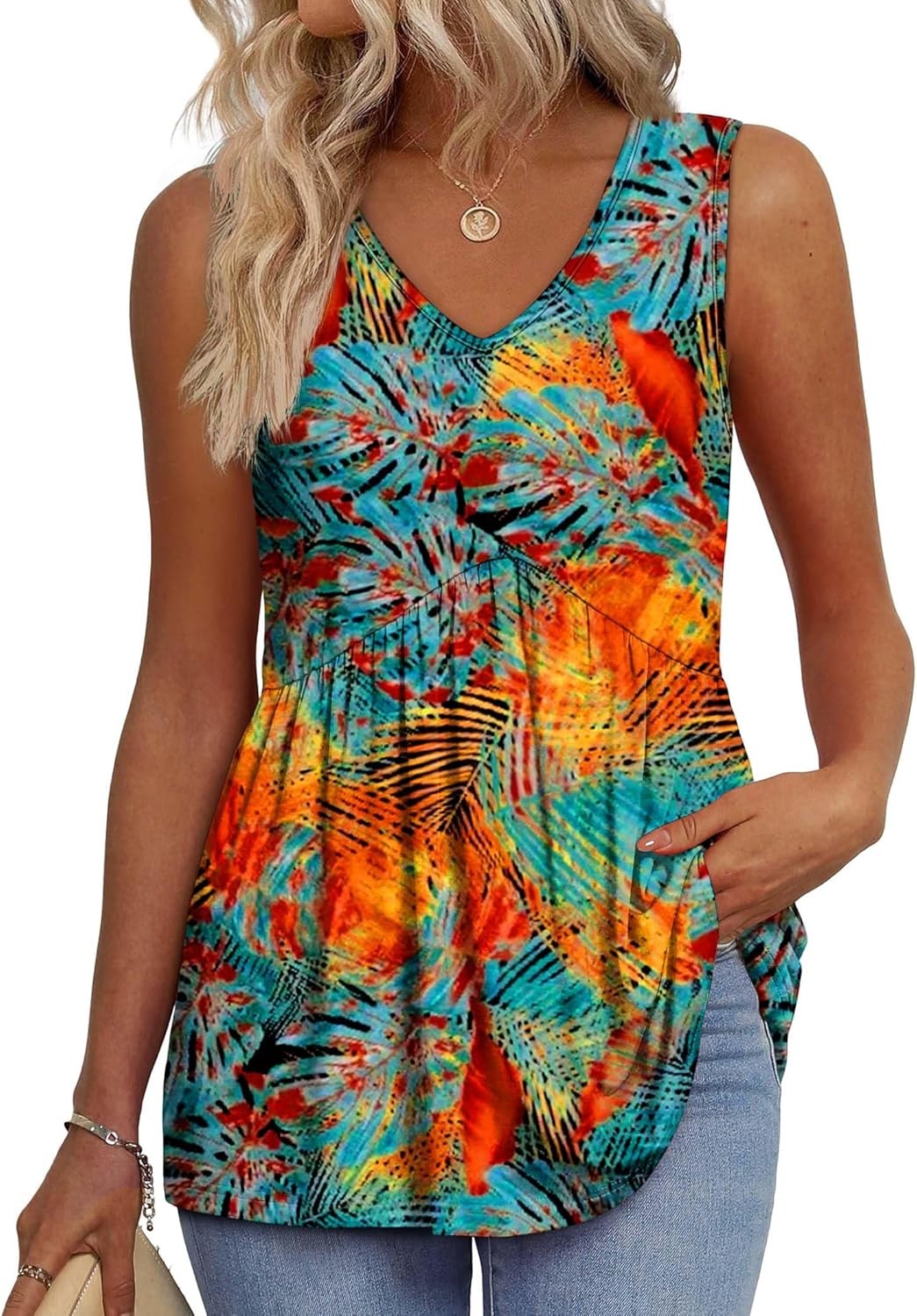 💜LAST DAY PROMOTION - 49%OFF💜Women's Print Flowy Sleeveless V Neck Peplum Tank Tops