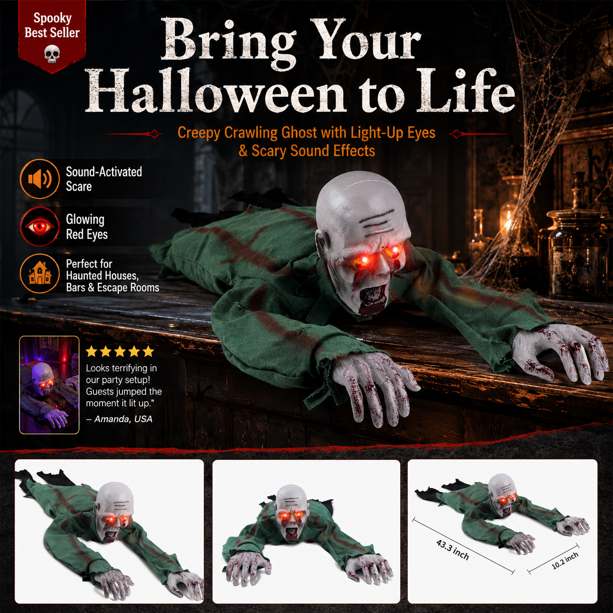 👻 Animated Crawling Halloween Ghost with Light & Sound