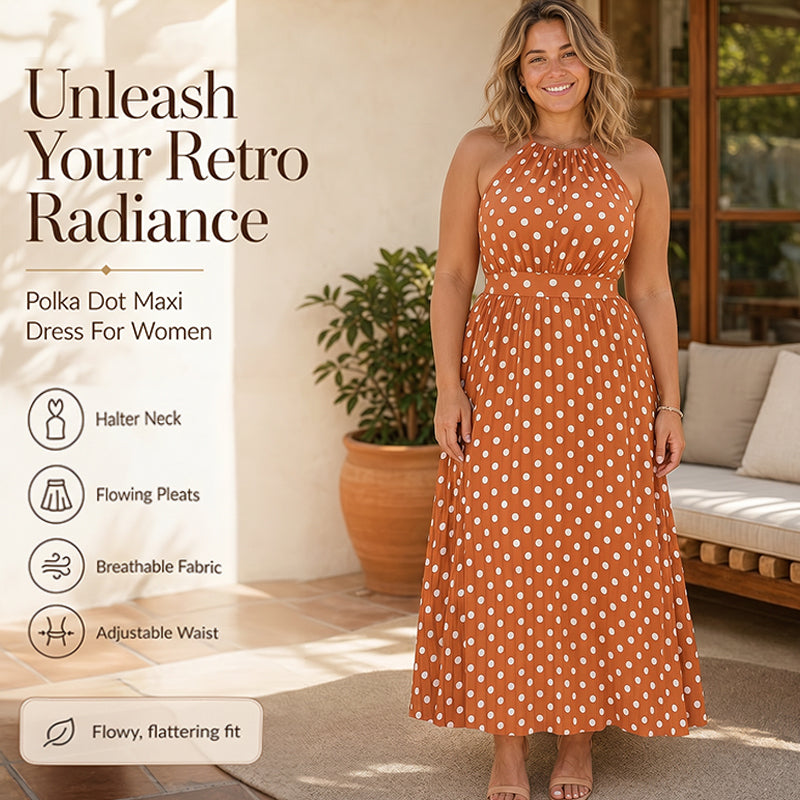 👗 LIMITED-TIME 50% OFF! ✨ Polka Dot Halter Neck Dress – Flowy, Flattering, Retro-Chic 🌼