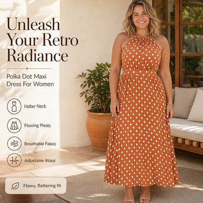 👗 LIMITED-TIME 50% OFF! ✨ Polka Dot Halter Neck Dress – Flowy, Flattering, Retro-Chic 🌼