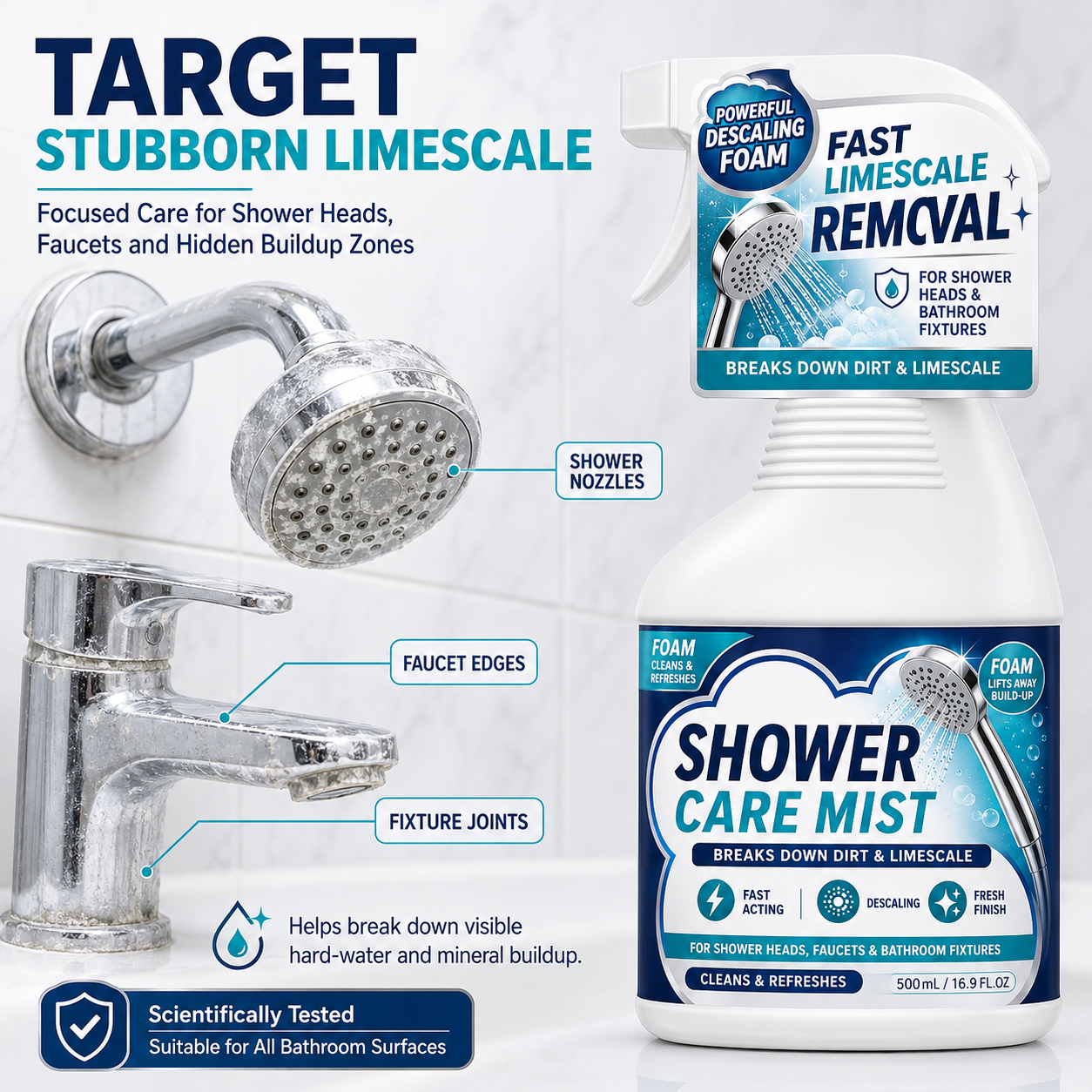 ❄️Summerfresh 50% OFF!🚿Fast-Acting Bathroom Limescale Remover Spray – Shower, Tap & Hard-Water Deposit Cleaner, 500ml