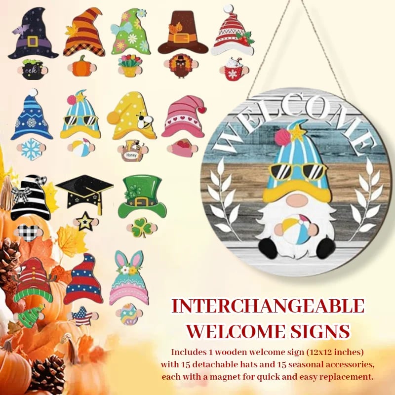 🎁50% OFF🍁Christmas Best Decorations🎄Interchangeable Wooden Gnome Welcome Sign🎅