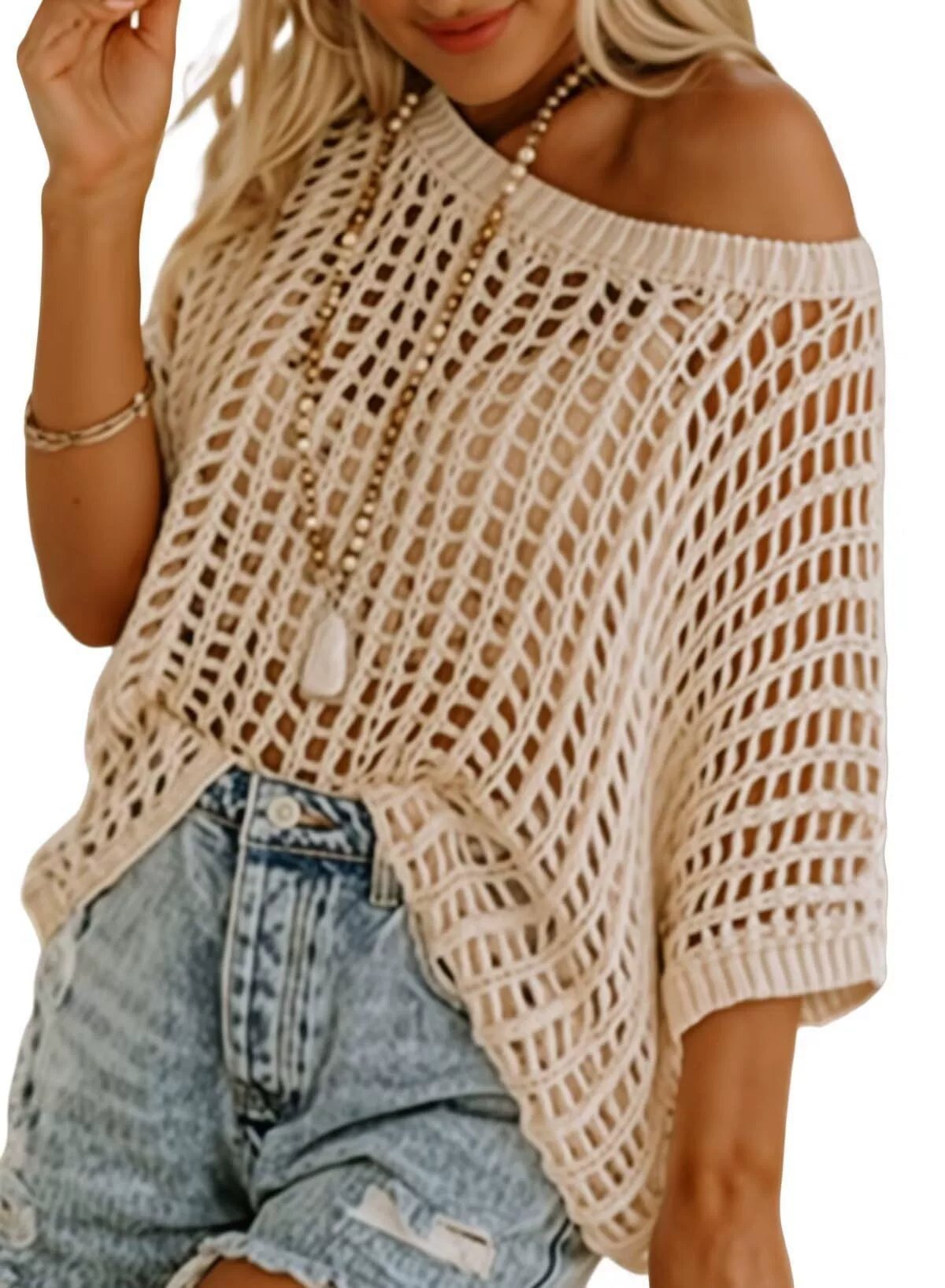 🏖️Women's Summer Scoop Neck ShortSleeve Sweater Casual Crochet Hollow Out KnitTops