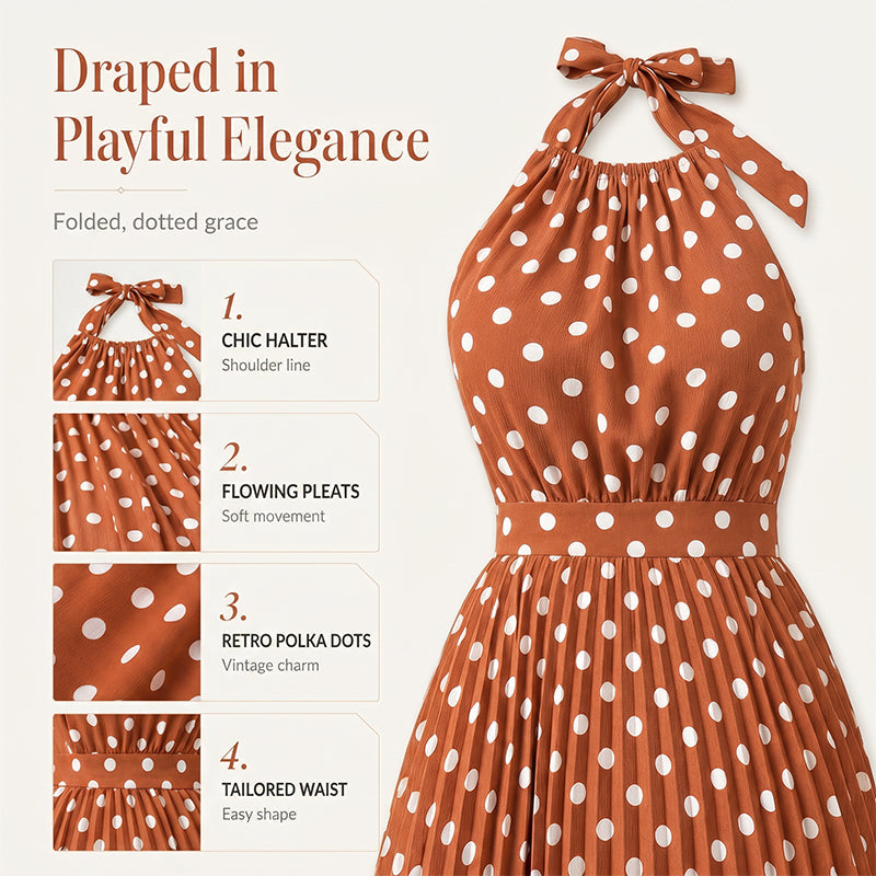 👗 LIMITED-TIME 50% OFF! ✨ Polka Dot Halter Neck Dress – Flowy, Flattering, Retro-Chic 🌼