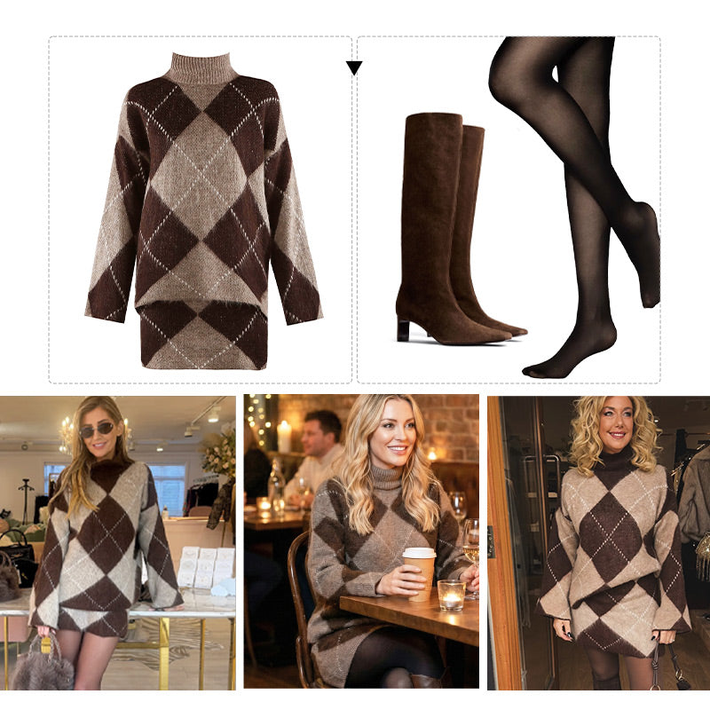 Women's Diamond Pattern Knit Sweater & Skirt 2-Piece Set