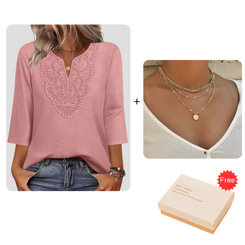 ☀️👚Top Pick - Lace-Trim V-Neck Blouse – Breathable Fabric & Flattering Drape for Work or Weekend 🌿