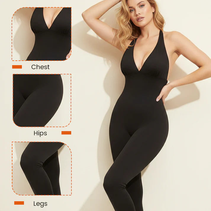 💞50K+ SOLD!🌸High-Stretch V-Neck Jumpsuit – All-day ease for fitness & beyond. Breathable, flexible & effortlessly chic. Your go-to for movement. 🧘‍♀️💫