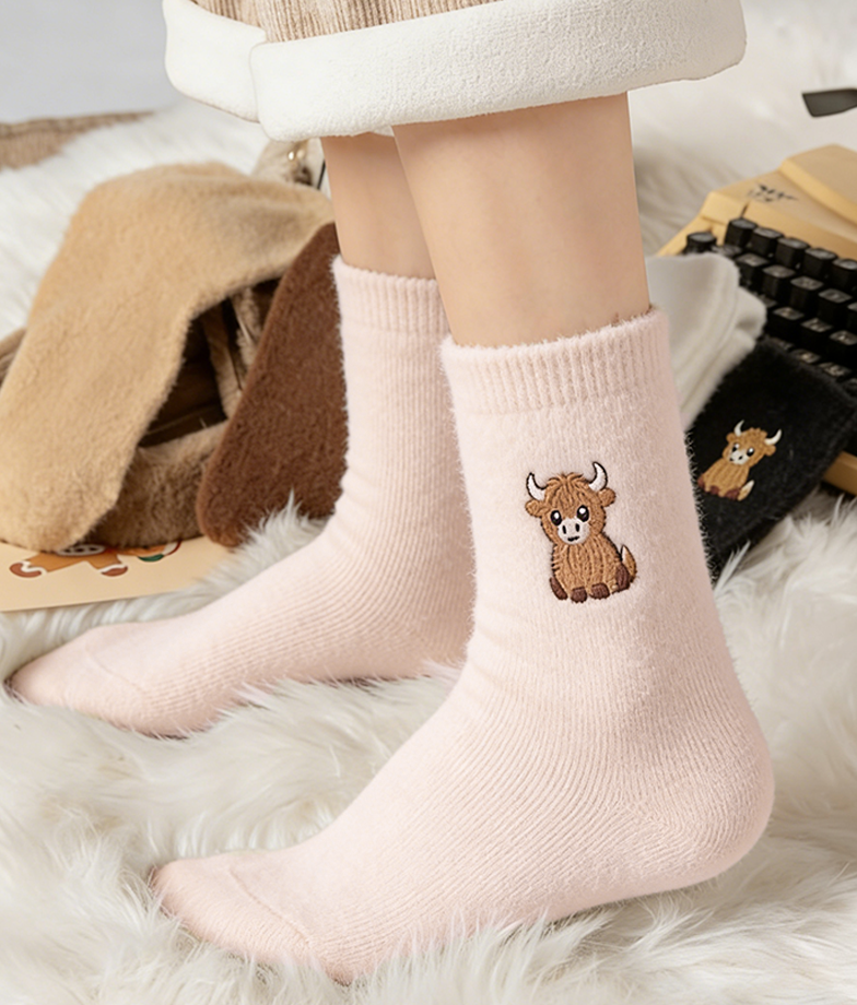 ⏳LAST DAY SALE 50% OFF!🔥Women's Cute Warm Highland Cow Embroidered Plush Socks