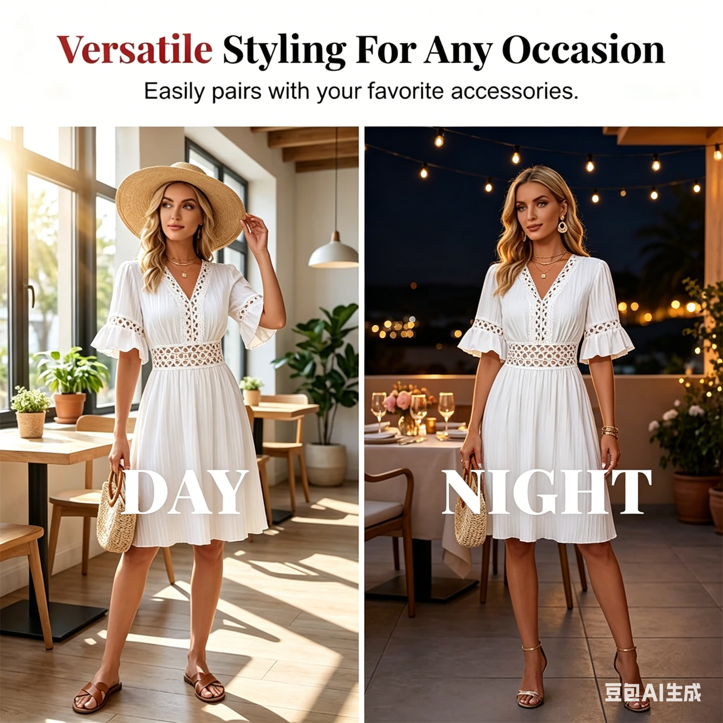 Chic V-Neck Dress with Lace Cutout Details