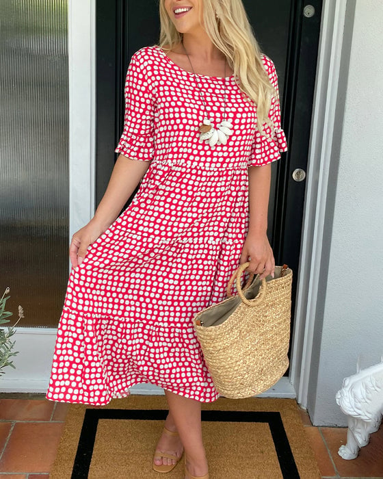 Round Neck Polka Dot Print Midi Dress