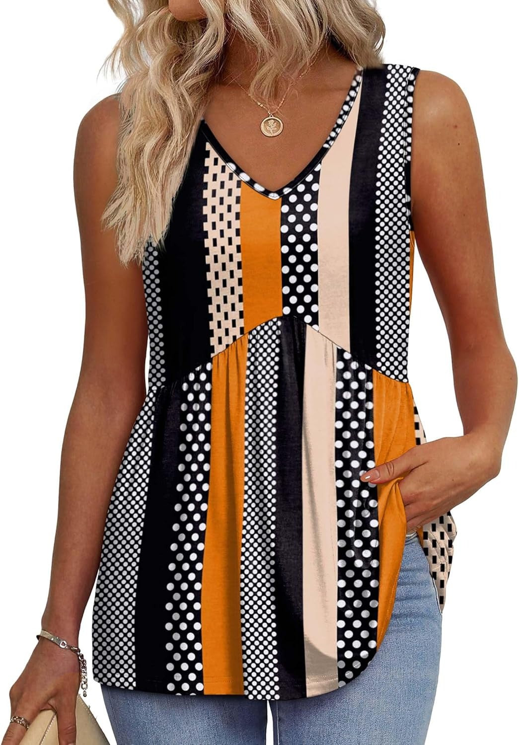 💜LAST DAY PROMOTION - 49%OFF💜Women's Print Flowy Sleeveless V Neck Peplum Tank Tops