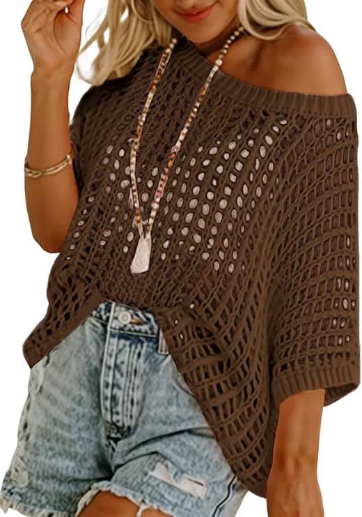 🏖️Women's Summer Scoop Neck ShortSleeve Sweater Casual Crochet Hollow Out KnitTops