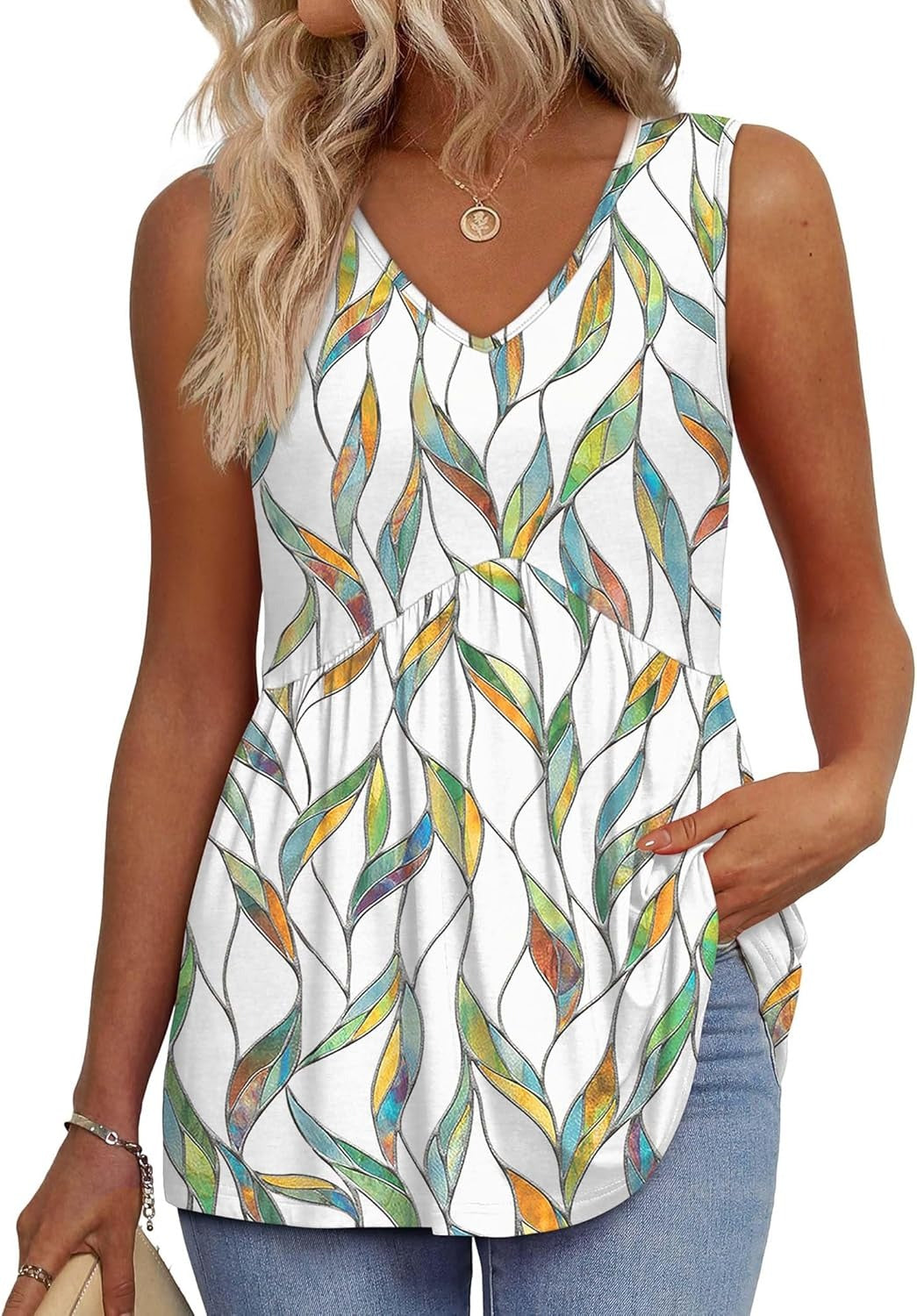 💜LAST DAY PROMOTION - 49%OFF💜Women's Print Flowy Sleeveless V Neck Peplum Tank Tops