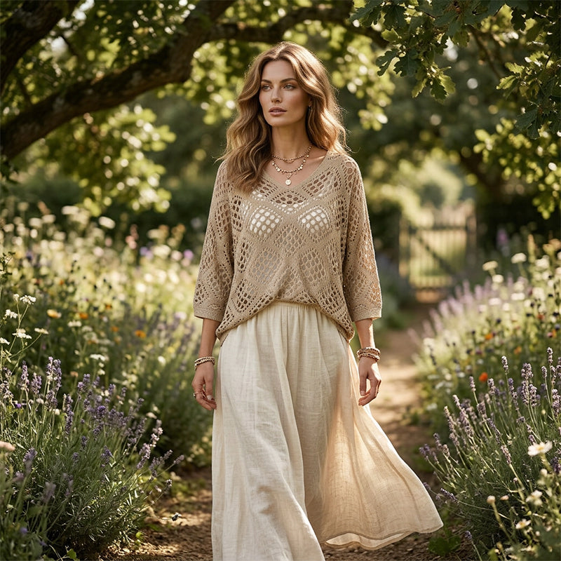 🥰Summer Sale-50% OFF💛Womens Bohemian-Inspired Beige Crochet Top With V-Neck