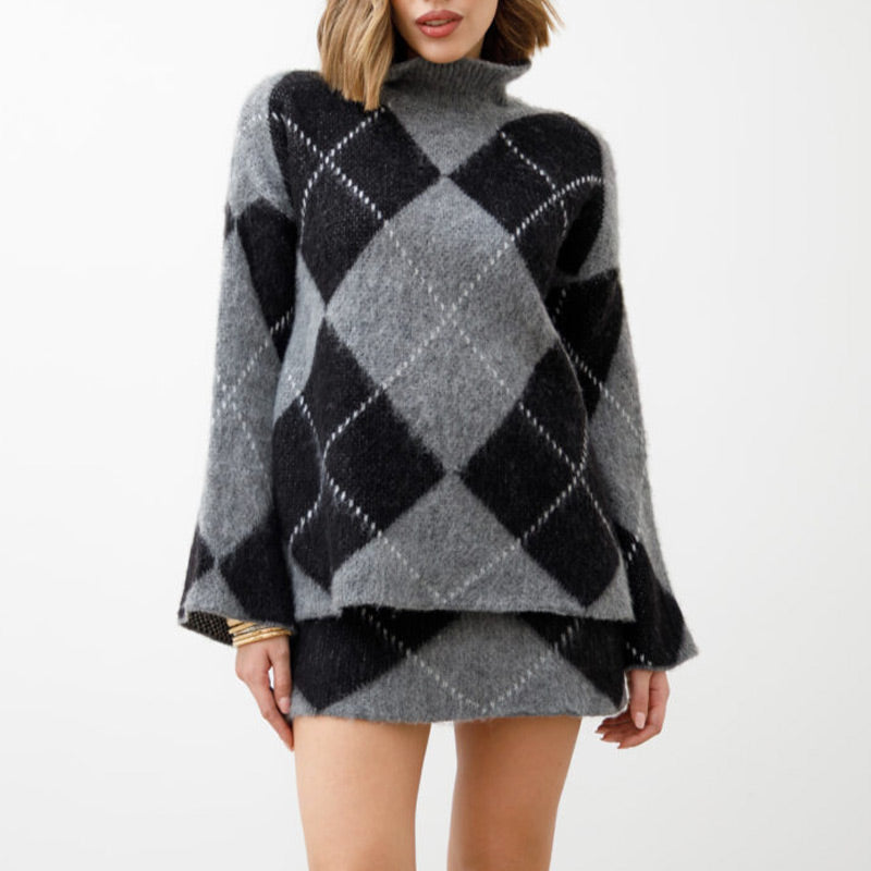 Women's Diamond Pattern Knit Sweater & Skirt 2-Piece Set