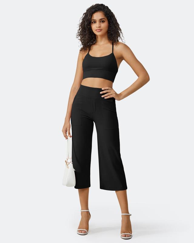 Women's High-Waisted Wide Leg Cropped Capri Pants Pocket Yoga Leggings