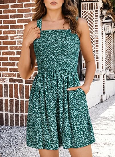 🌺Summer Hot Sale 50% OFF💐Women's Summer Square Neck Sleeveless Loose Casual Short Smocked Romper✨