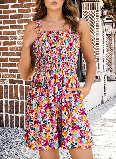🌺Summer Hot Sale 50% OFF💐Women's Summer Square Neck Sleeveless Loose Casual Short Smocked Romper✨