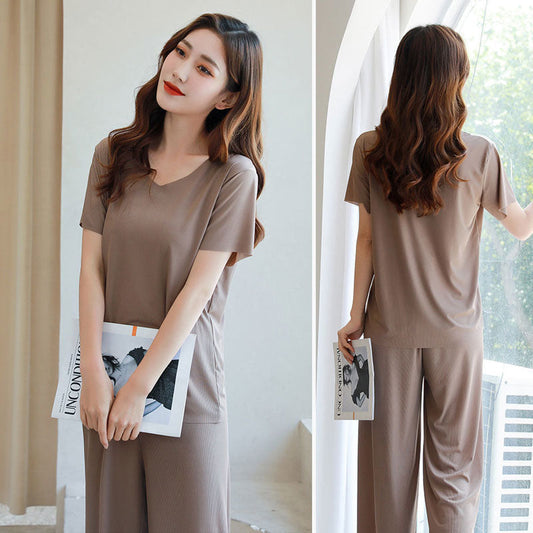 💖Limited Sale 50% OFF💖Soft Comfortable Ice Silk Short Sleeve T-Shirt Two Piece Set Loose Wide-leg Pants