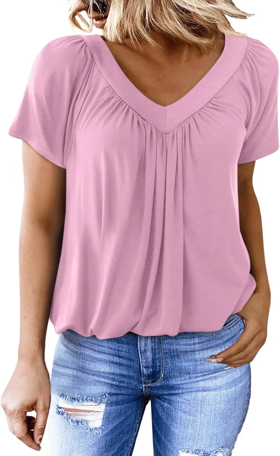 🎁LAST DAY SALE £10.99🔥Summer Hot Sale 50% OFF⏳Women's Casual Pleated V-Neck Short-Sleeve Top