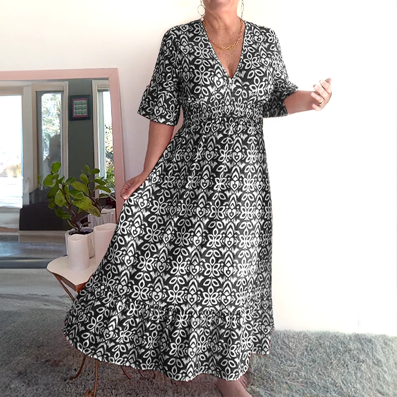 💖LAST DAY SALE 50% OFF💖Bohemian casual print V-neck waist wrap long dress