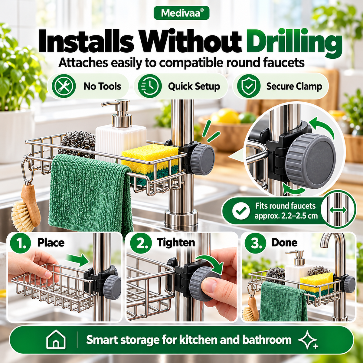 Stainless steel storage rack for the kitchen sink