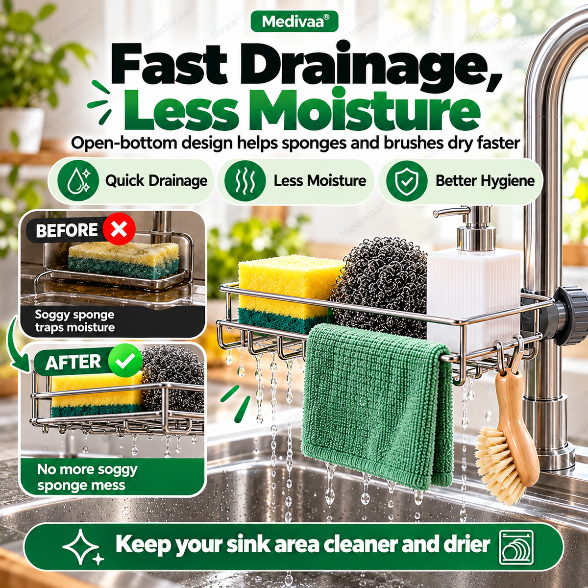 Stainless steel storage rack for the kitchen sink