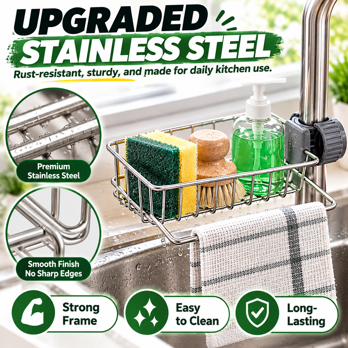 Stainless steel storage rack for the kitchen sink