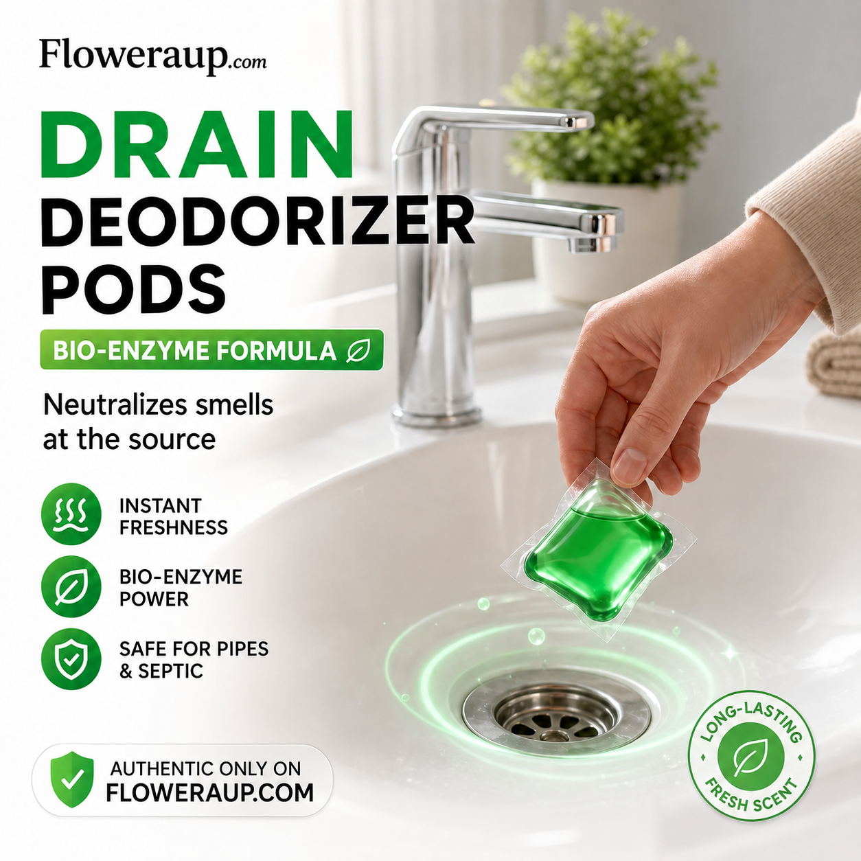 🥳2026 HOT SALE🥳💞50K+ SOLD!🏠💧 50% OFF! Drain Deodorizer Pods – Bio‑enzyme formula neutralizes smells at the source. Instant fresh scent, no harsh chemicals. Say goodbye to embarrassing odours. 🚰✅