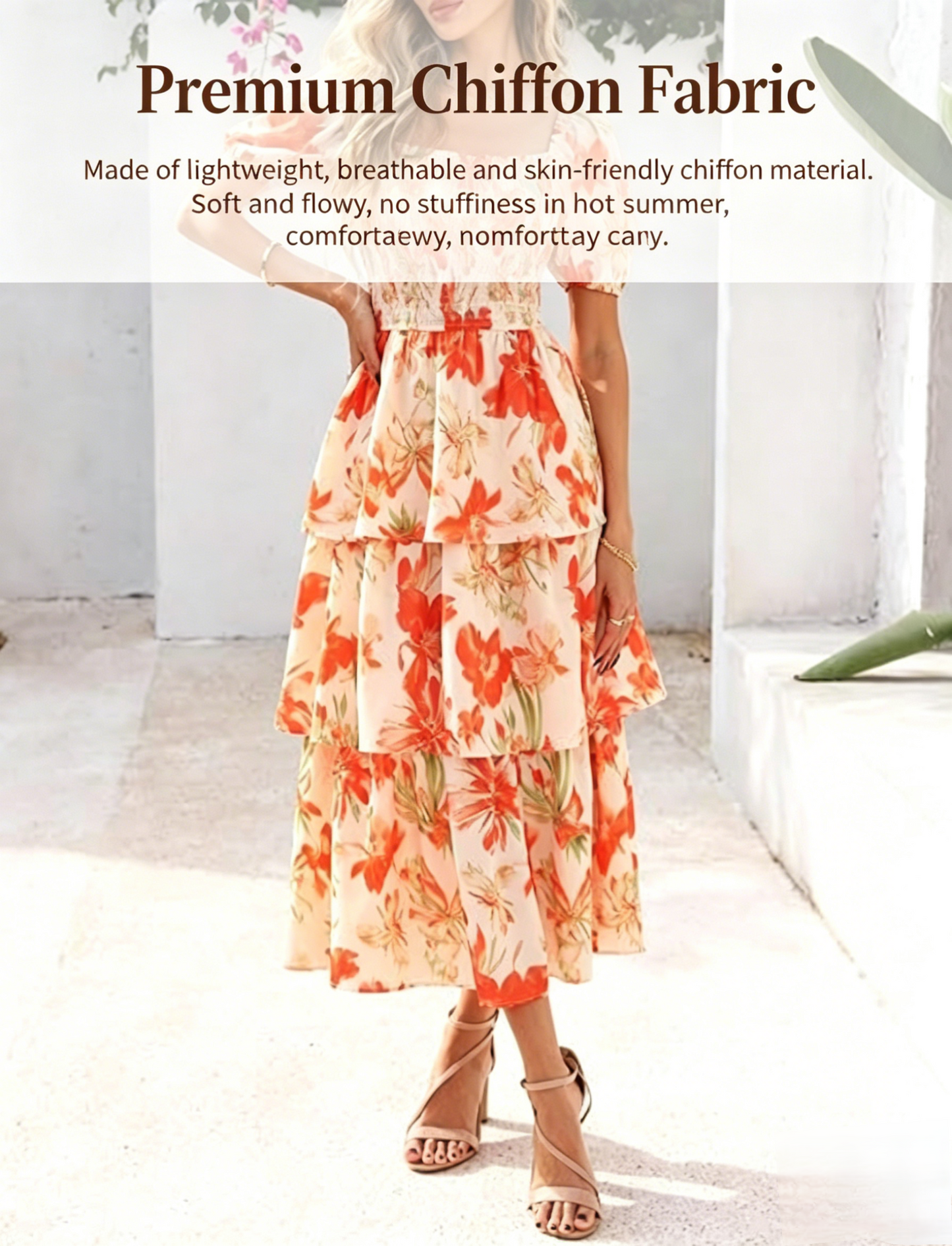 ⏰Summer Hot Sale 50% OFF💃Women's Floral Square Neck Puff Short Sleeve Smocked Tiered Dress