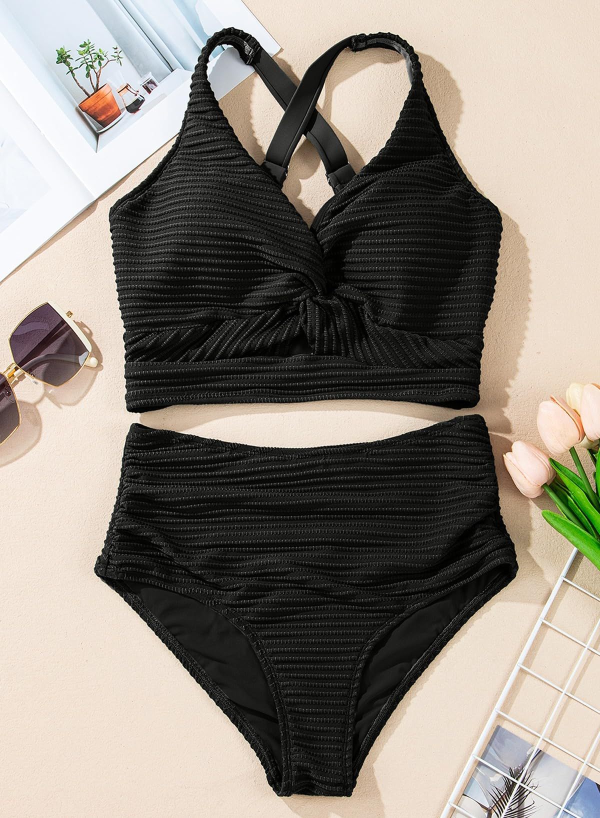 👙👙2025 New Type ~50% OFF 👙Textured Knot-Front High-Waisted Bikini Set