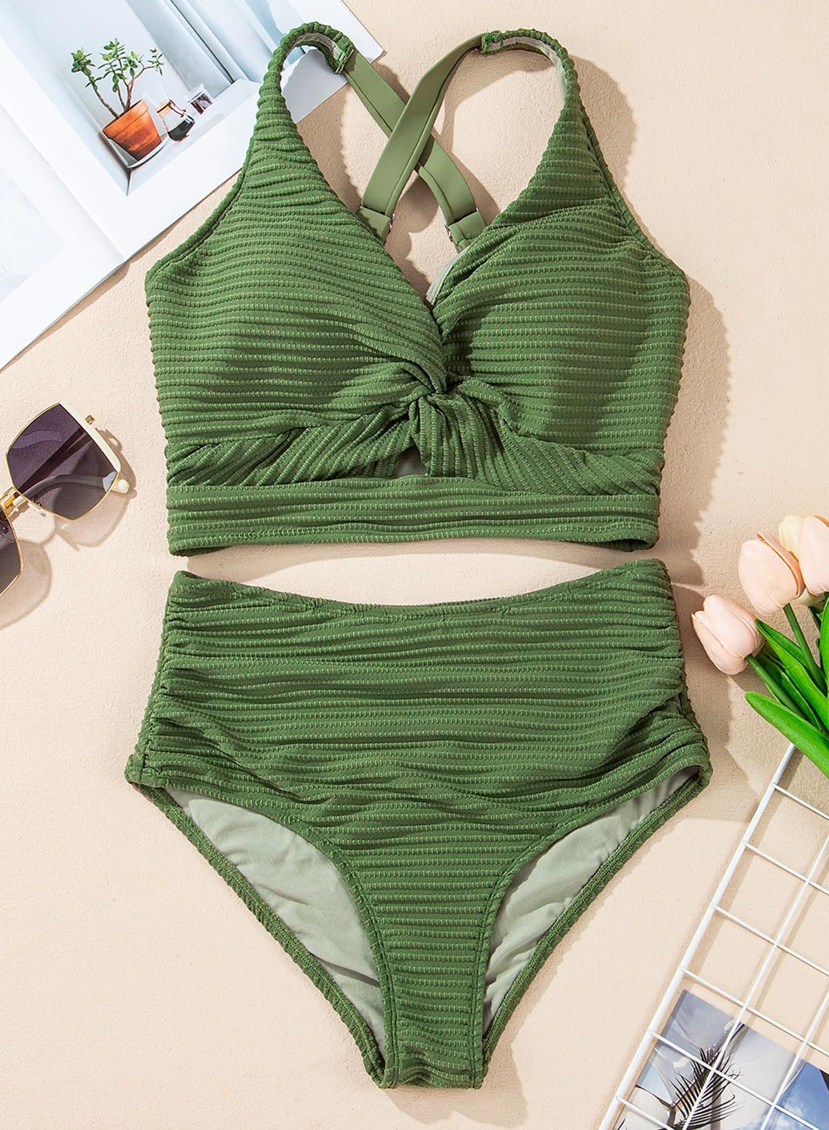 👙👙2025 New Type ~50% OFF 👙Textured Knot-Front High-Waisted Bikini Set