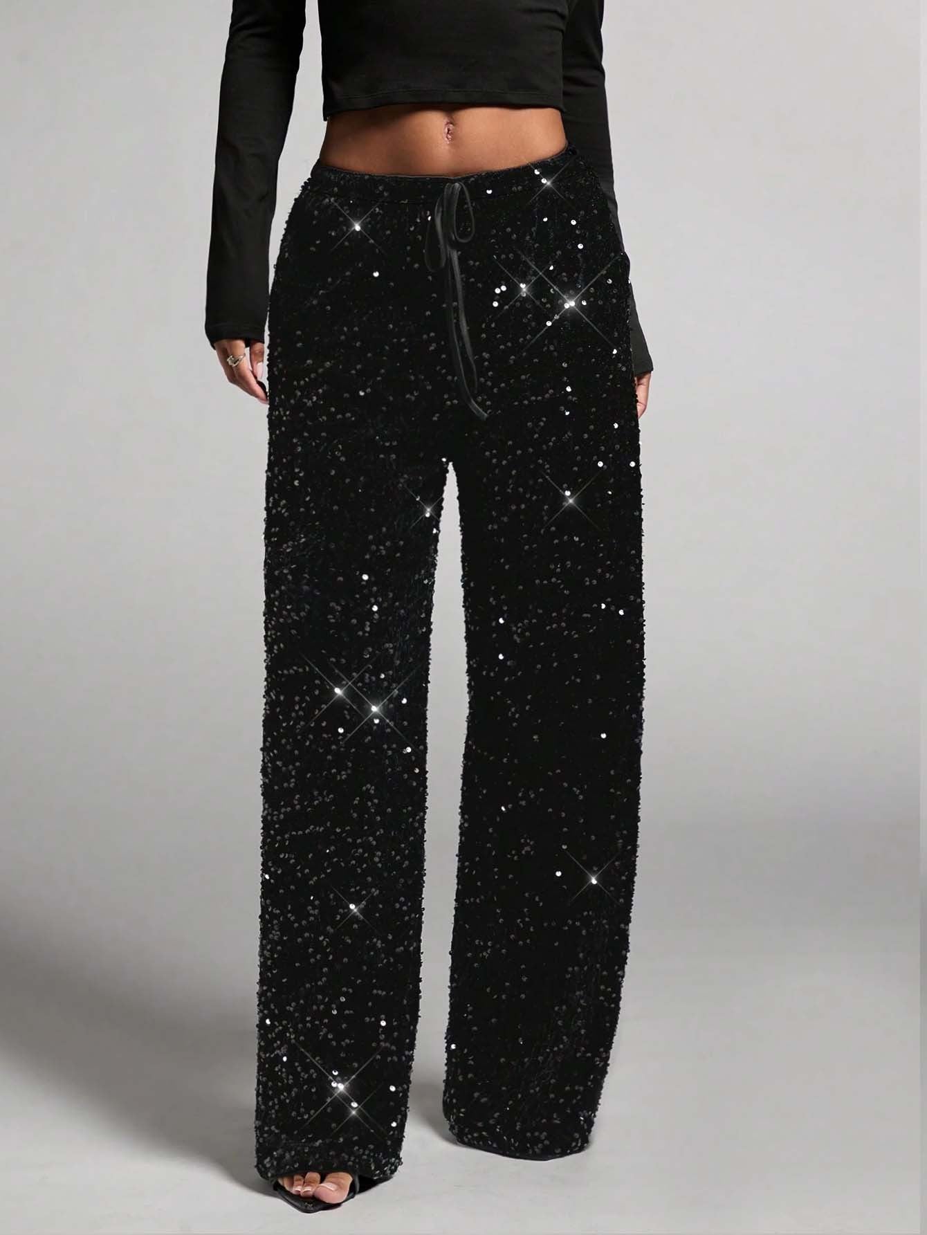 💖LAST DAY SALE 50% OFF🥰Women's Sequin Sparkle Wide Leg Pants with Elastic Waistband