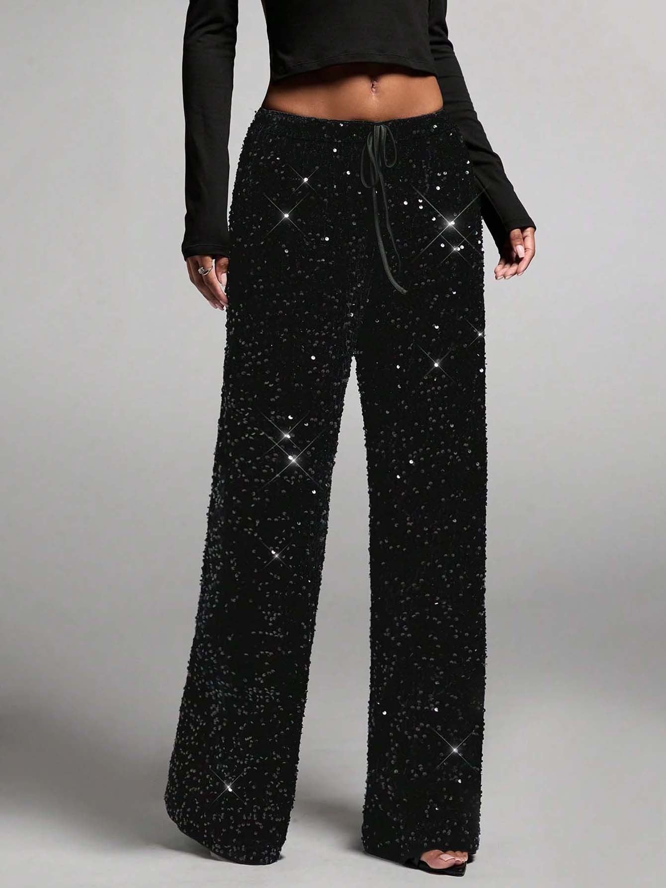 💖LAST DAY SALE 50% OFF🥰Women's Sequin Sparkle Wide Leg Pants with Elastic Waistband