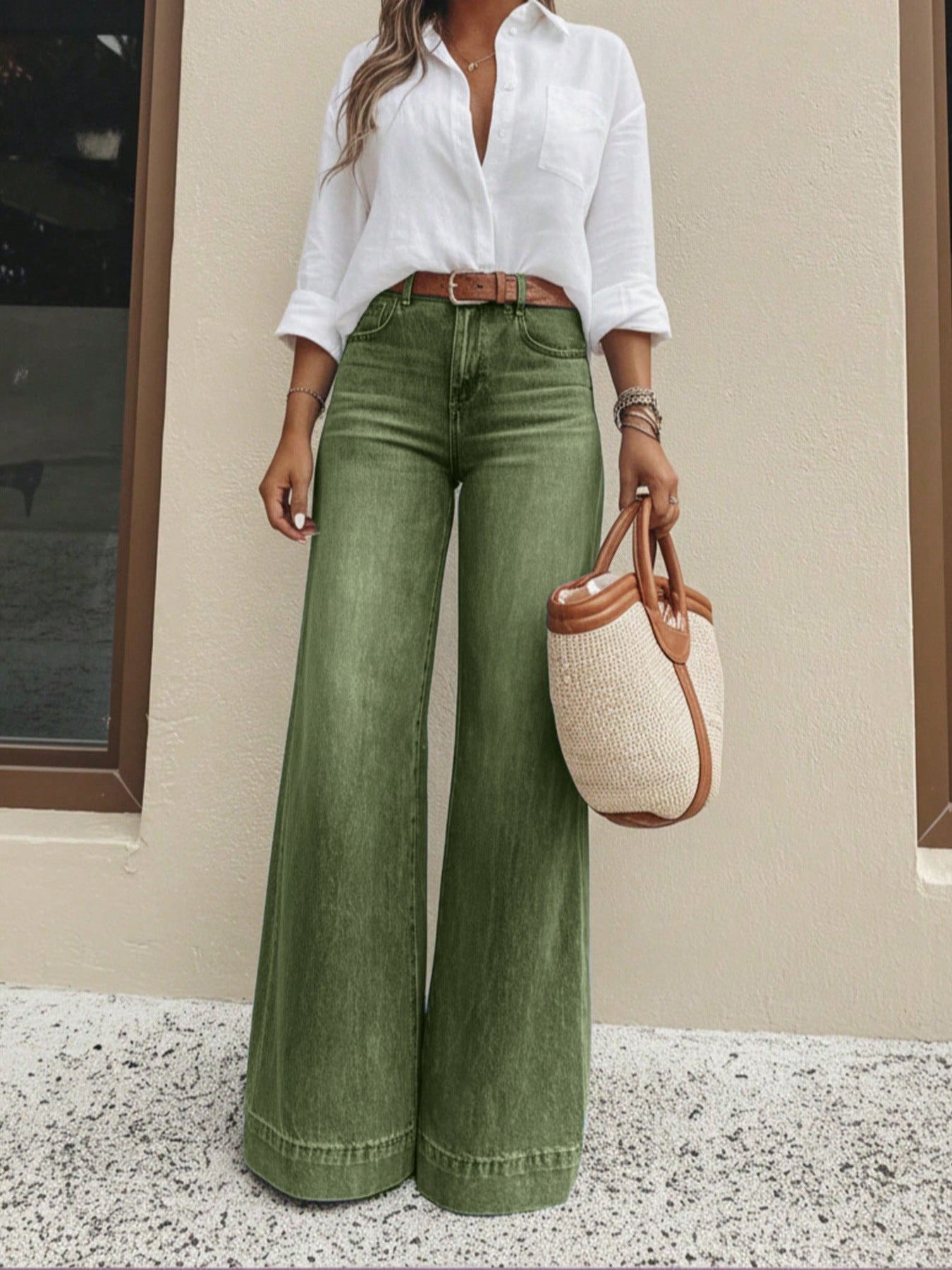 High-Waist Wide-Leg Jeans with Button Detail